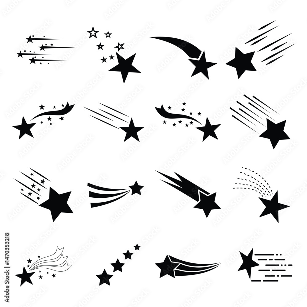 Fototapeta premium Shooting stars icon vector set. Black shooting stars isolated on white background. Black falling stars icon. Flying comet with tail, falling meteor, abstract galaxy element. Falling and moving Star.