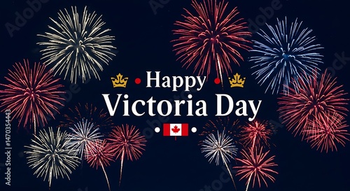 Festive Victoria Day Fireworks Display Against Deep Blue Sky, Celebrating Canadian Holiday with Vibrant Bursts and Patriotic Spirit.