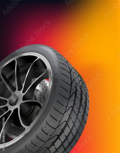 Modern car wheel with disc on a colored background