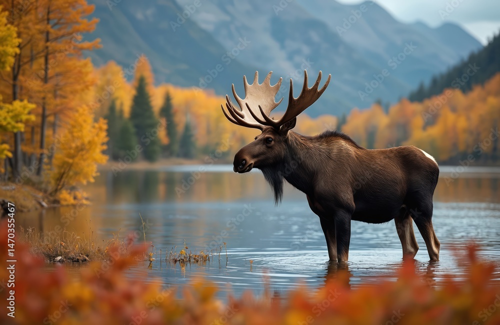 Fototapeta premium Majestic moose stands in lake with autumn foliage. Moose with antlers in water. Mountains, trees reflect in water. Beautiful landscape, fall season, wild animal. Serene, dynamic scene.
