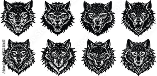Set of Fierce Wolf Head Illustrations – Tribal Style Animal Vector
