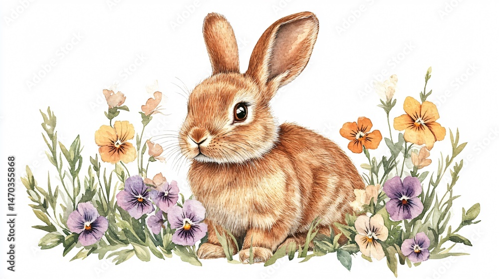 Adorable Lop-Eared Bunny Surrounded by Pansies in a Cozy Setting Adorable Lop-Eared Bunny Surrounded by Pansies in a Cozy Setting
