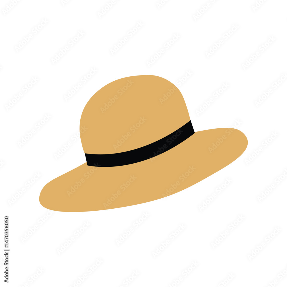 Illustration of beige sun hat with wide brim and black band on white background Illustration of beige sun hat with wide brim and black band on white background