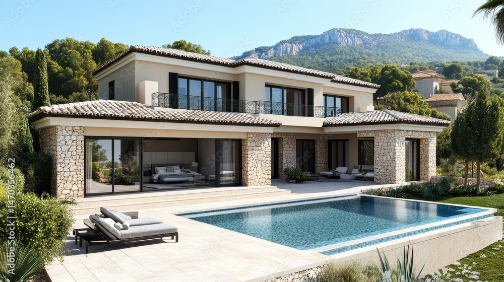 Fototapeta premium Contemporary villa designed with an open living space and a separate private bedroom wing. A vast terrace ensures seclusion and relaxation.