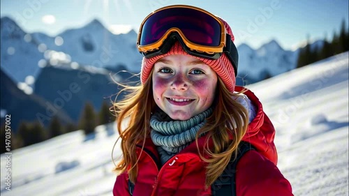 Smiling skier enjoys sunny winter day in snowy mountain landscape