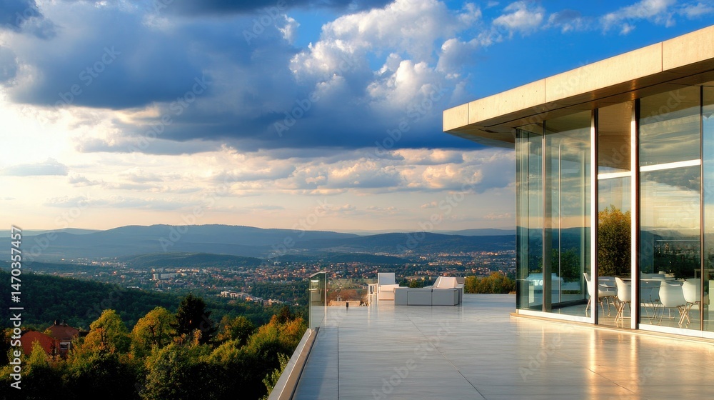 Fototapeta premium Modern penthouse with expansive mountain views.