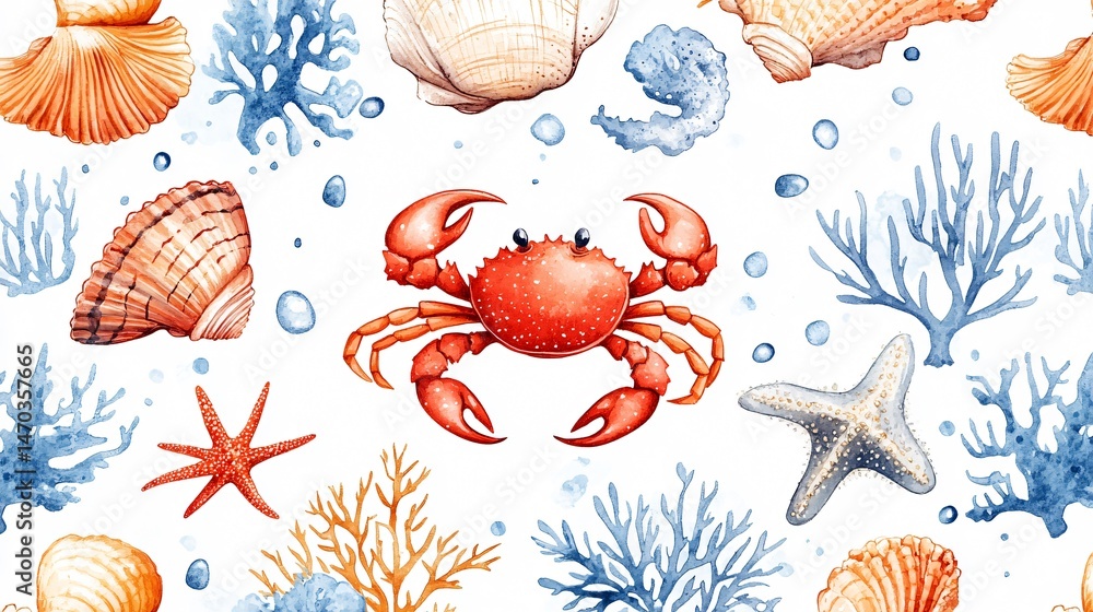 Fototapeta premium Detailed Hand Drawn Illustration of Seashell, Crab, Coral, and Fish in Marine Theme
