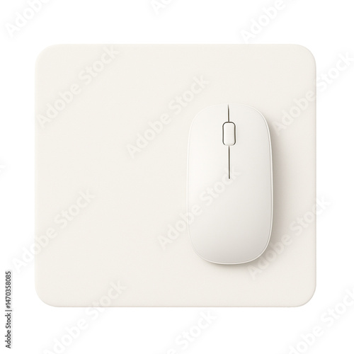 Minimalist white mouse and mousepad on a plain backdrop depicting modern office technology and digital workspace essentials