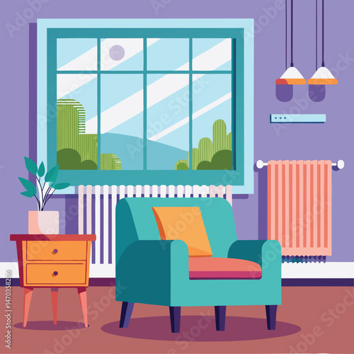 Living room with large window and blue armchair and white heating radiator on wall. Central heating system.