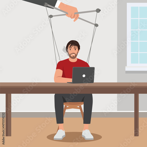 Man works at a laptop while being manipulated like a puppet by an oversized hand above. Flat vector illustration isolated on white background