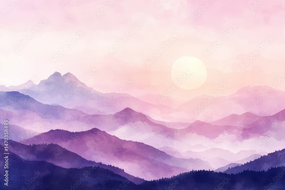 Fototapeta premium Misty mountain range at dawn, soft pastel colors