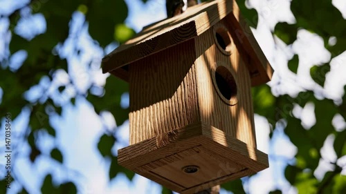 Wooden birdhouse swaying gently among vibrant green leaves on a sunny day