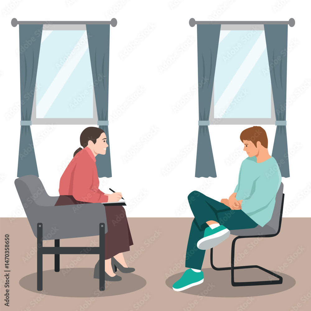 Man sits across from a psychologist engaging in a thoughtful conversation during a therapy session. Flat vector illustration isolated on white background Man sits across from a psychologist engaging in a thoughtful conversation during a therapy session. Flat vector illustration isolated on white background