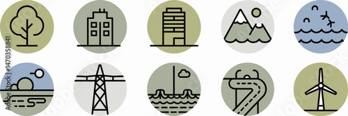 Vector sheet of environmental icons including a tree, building, mountain, water, power lines, road, and wind turbine – Suitable for environmental protection, sustainability, or energy-related content.