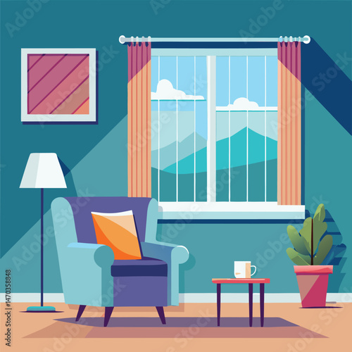 Living room with large window and blue armchair and white heating radiator on wall. Central heating system.