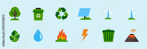 Vector icon sheets for environment with recycling bin, solar panel, wind turbine, trash can, water droplet, fire, lightning and more