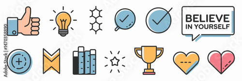 Motivational vector sheet icons with thumbs up, lightbulb, checkmark, trophy, "Believe in yourself" bubble, and heart – Perfect for positivity, growth, and self-improvement themes.