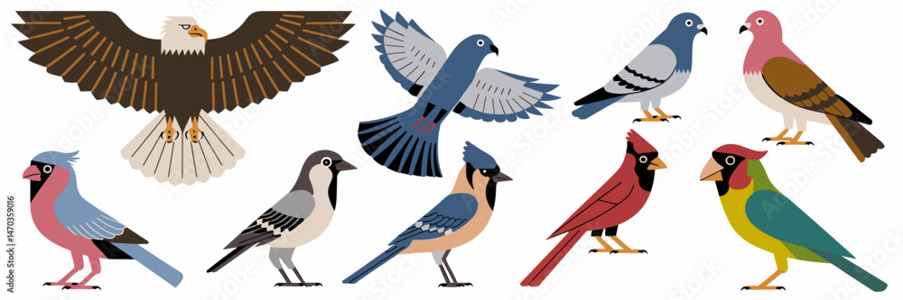 Fototapeta premium Vector sheet of bird icons with various species – Ideal for educational materials, nature designs, or wildlife-related projects.