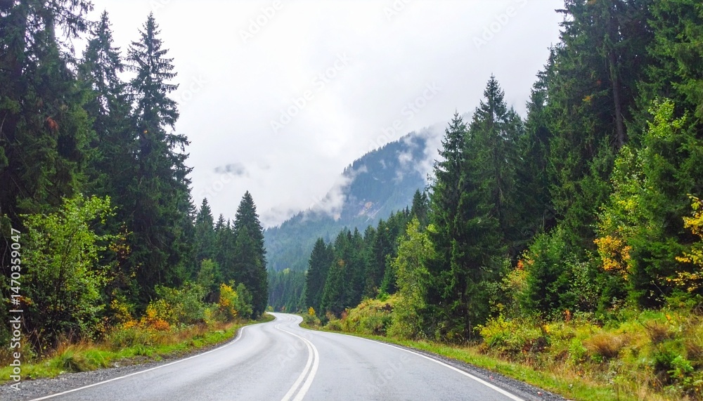 Misty mountain landscape winding road through evergreen forest scenic view watercolor