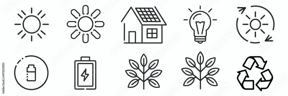 Solar power icon set with house, battery, and tree – Perfect for renewable energy projects, sustainable housing, or eco-living content. Solar power icon set with house, battery, and tree – Perfect for renewable energy projects, sustainable housing, or eco-living content.