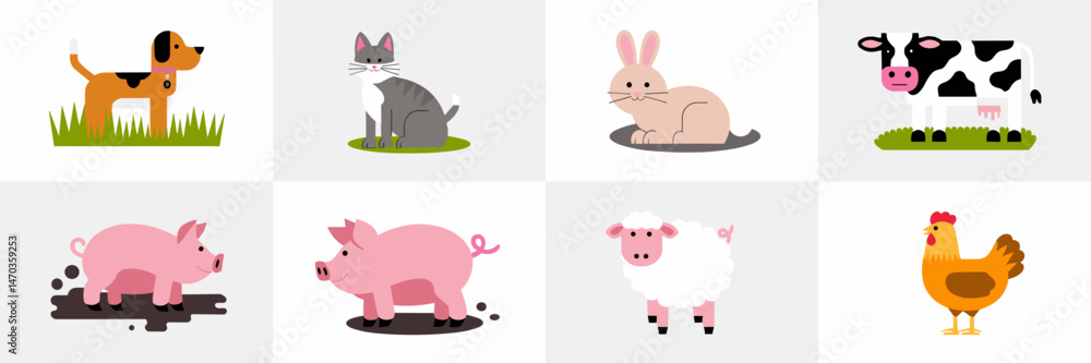 Fototapeta premium Minimalistic vector icon set of farm animals in their natural habitats – Ideal for farm-related branding, agricultural promotions, or children’s educational content.
