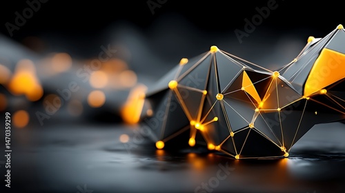 A polygonal structure of dark and golden shapes connected by fine lines.