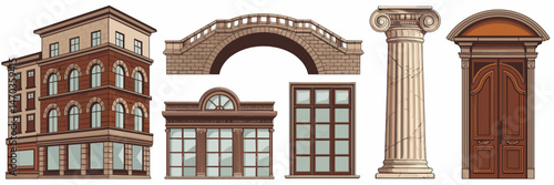 Vector sheet icon of various architectural elements including buildings, bridges, columns, windows, and doors – Suitable for architecture, design projects, or construction-related materials.