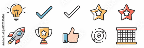 Vector sheet of motivational icons with lightbulb, checkmark, and rocket – Suitable for success-driven content, business growth, or positive reinforcement.