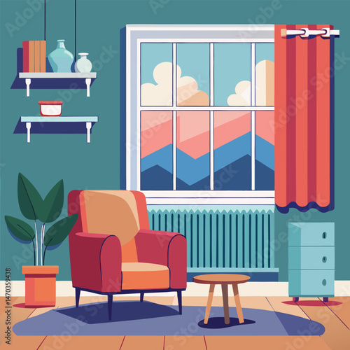 Living room with large window and blue armchair and white heating radiator on wall. Central heating system.