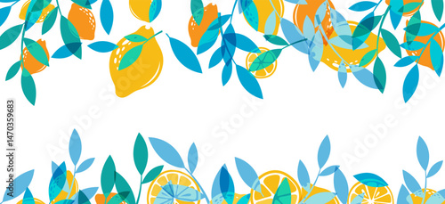 Lemons with leaves. Summer decoration element. Horizontal border from bright citruses. 