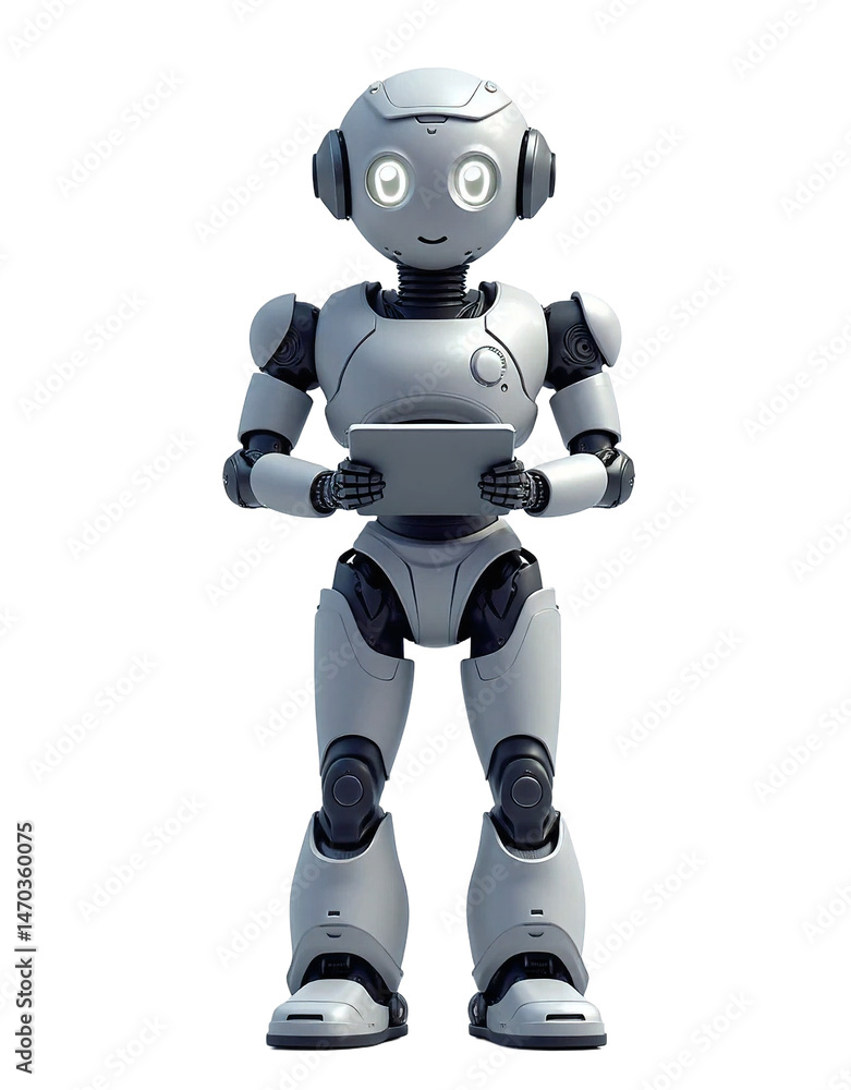 Friendly AI Robot Assistant Holding Tablet Friendly AI Robot Assistant Holding Tablet