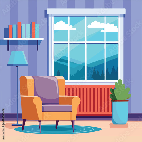 Living room with large window and blue armchair and white heating radiator on wall. Central heating system.