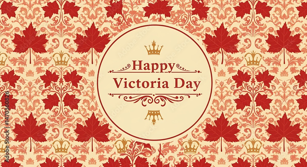 Festive Victoria Day Canadian Celebration: Red Maple Leaves & Royal Crown Floral Pattern Background For Holiday Greeting Cards, Social Media, Event Banners and Design Elements. Festive Victoria Day Canadian Celebration: Red Maple Leaves & Royal Crown Floral Pattern Background For Holiday Greeting Cards, Social Media, Event Banners and Design Elements.