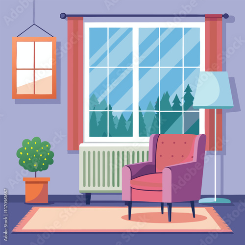 Living room with large window and blue armchair and white heating radiator on wall. Central heating system.