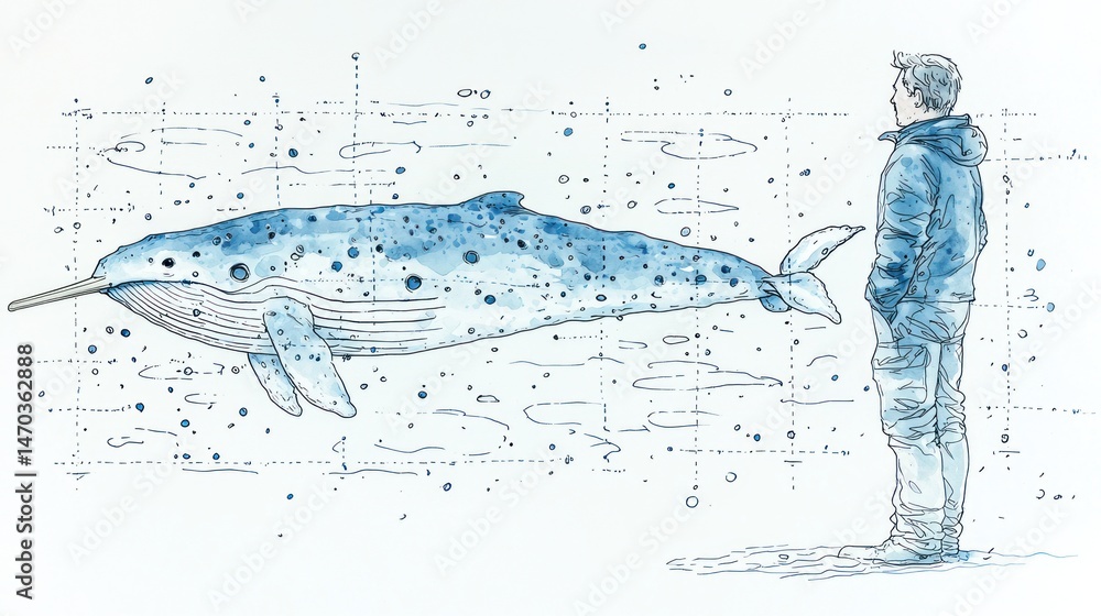 Fototapeta premium A detailed illustration compares a whale's immense size to a human. The whale is depicted with intricate markings