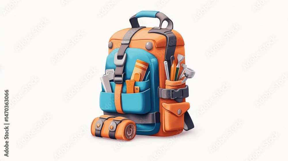 Obraz premium Colorful backpack with tools and supplies, ideal for outdoor activities, crafts, or DIY projects.