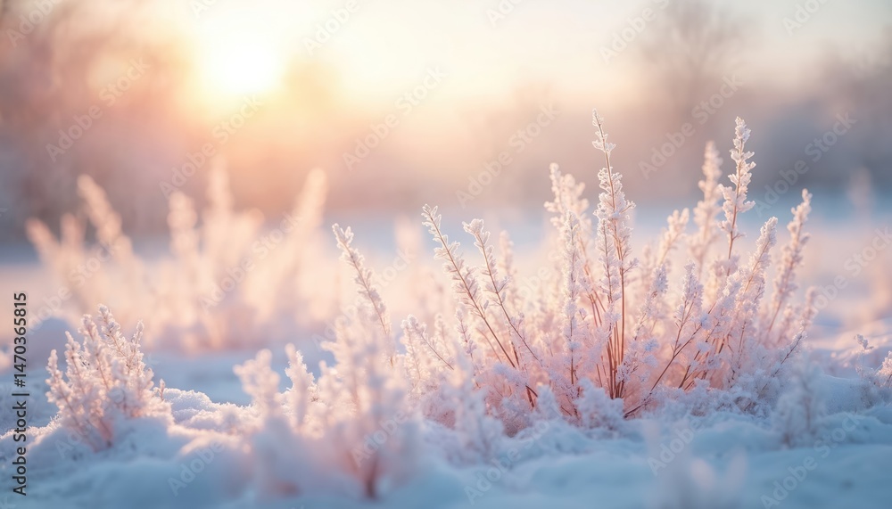 Obraz premium Gentle winter landscape with snowy details. Frozen grass covered in snow crystals glitters in sunlight. Frosty morning natural background. Minimalist art, natural vibes, winter scene, copy space.