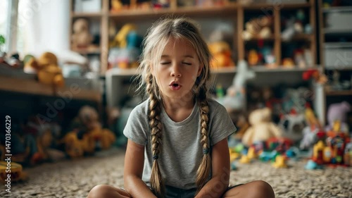 Wallpaper Mural Young caucasian girl with long blonde braids sits cross-legged on patterned carpet, surrounded by plush toys and colorful clutter in a softly lit playroom  Torontodigital.ca