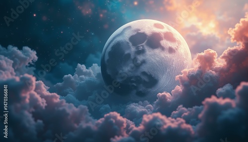 A large, textured nylon moon with craters rotates in a nebula of indigo, rose gold, and cyan light.