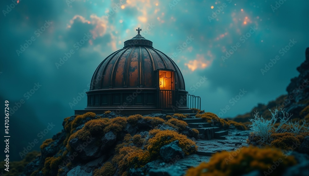 Obraz premium Abandoned observatory dome covered in glowing moss, copper circuitry, crystals, and a faint cerulean glow.