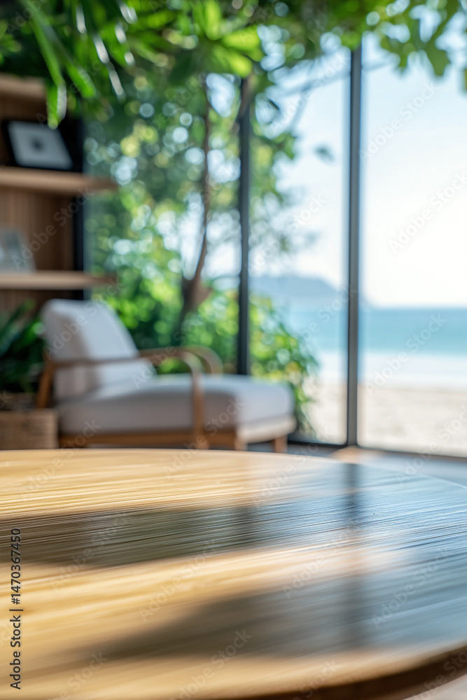 Fototapeta premium Stylish Summer Workspace of Modern Asian Office Lady with Bamboo Table and Ocean View, Featuring Soft Pastel Chair and Floating Shelves in Serene Coastal Setting