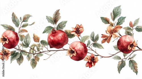 Ripe Pomegranate Fruits on Branch with Leaves - Fresh and Vibrant Nature Image