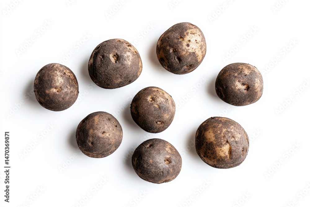 Dark-skinned potatoes scattered on white background Dark-skinned potatoes scattered on white background