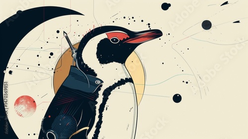 Artistic Abstract Illustration of a Stylized Penguin in a Cosmic and Creative Composition