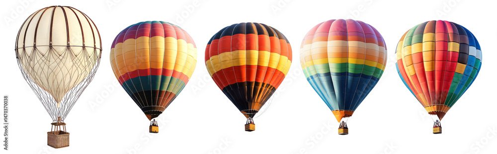 Naklejka premium Colorful Hot Air Balloons in a Row Against a Clear Sky, Isolated on Transparent, white background