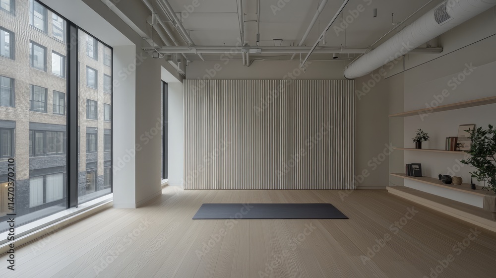 Fototapeta premium Empty yoga with large windows and minimalist decor.
