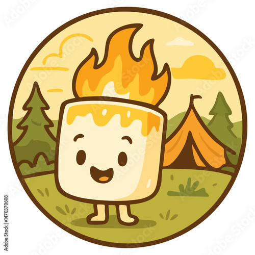 Cute roasting marshmallow character in camp. Summer kid camp logo with campfire, bonfire, tent, forest nature landscape. Camping emblem, rounded label, circle shape logo.