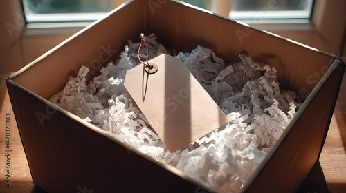 Blank Gift Tag in Cardboard Box  Sustainable Packaging and Simple Elegance