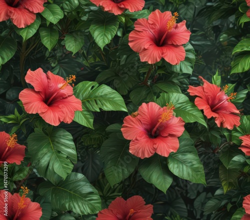 Wallpaper Mural Vibrant hibiscus blooms, lush green tropical foliage ,  yellow,  detail Torontodigital.ca