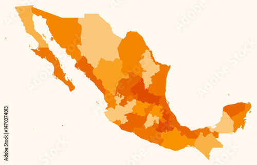 Map of Mexico with regions. Just a simple country border map with region division. Orange color palette. Plain United Mexican States shape with administrative division. Vector illustration.